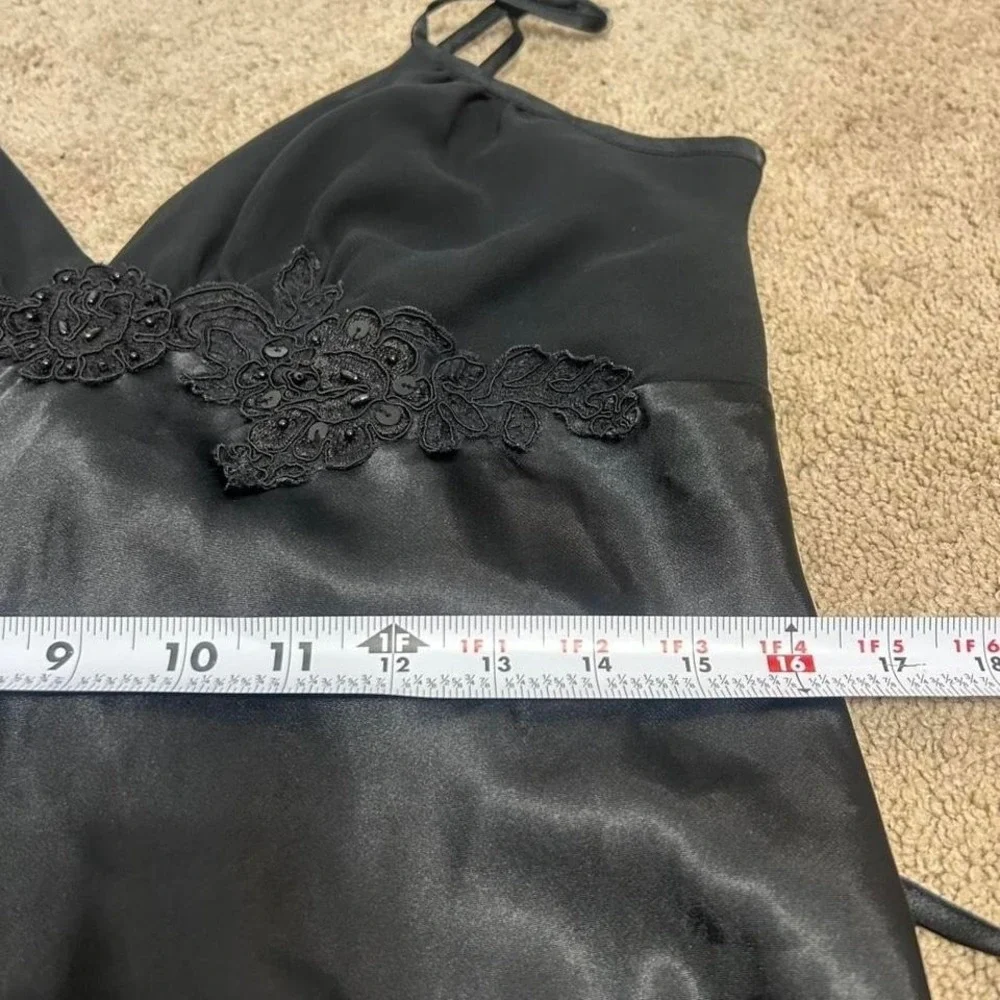Vintage Black Satin Floral Lace Slip‎ Dress Womens M Coquette Lingerie Romantic